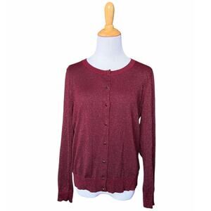 Talbots Sparkly Holiday Metallic Cotton Blend Red Jewel Button Up Cardigan Sz L